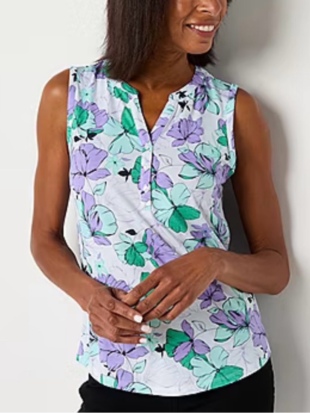 Liz Claiborne Purple & Mint Floral Sleeveless Henley Top Size L